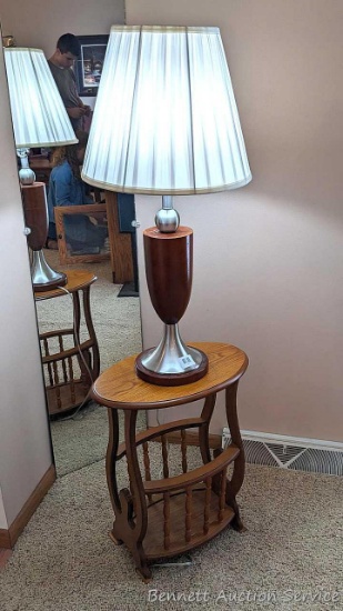 33" tall table lamp with modern-style base; smaller end table with book or magazine storage beneath.