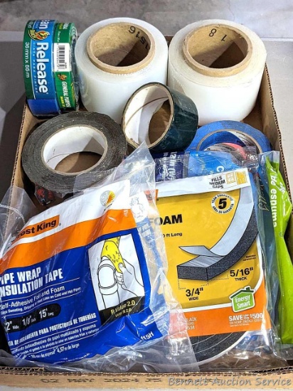 New packages of pipe wrap, weather strip, rubber foam, plus stretch wrap, duct tape, more.