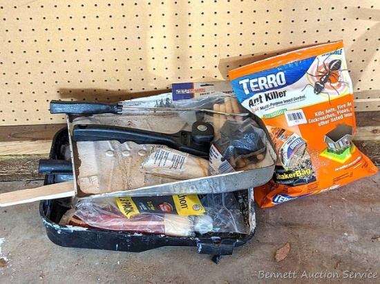 Painting supplies including trays, roller frames & covers, foam brushes; plus a partial bag of Terro