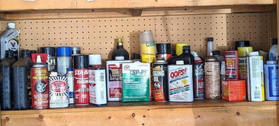 Full and partial containers of motor oil, ATF, fogging oil, Brasso, TSP-PF, Oops, foam filter