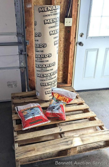 4' x 12" concrete form; two bags of ice melt; two pallets - larger is 40" x 4'.