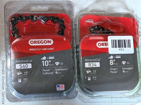 Two Oregon saw chains, one is 10" with 40 teeth, and the other is 8" with 34 teeth.