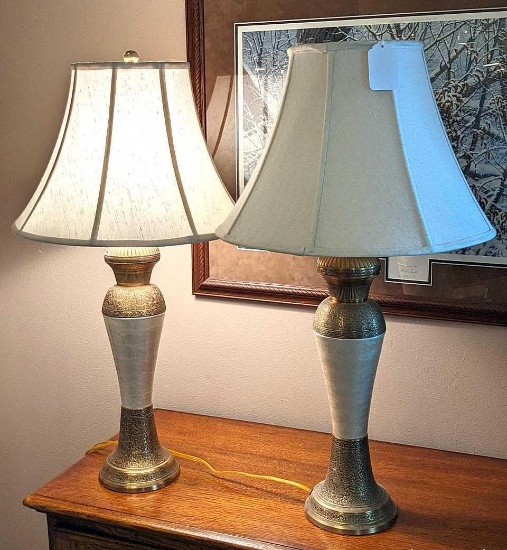 Pair of 30" table lamps in good condition, work. One is missing brass toned finial.