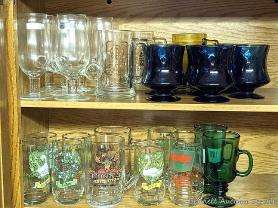 Assorted promotional and other glasses including Sinclair Gasoline, set of 6 hand blown mugs by