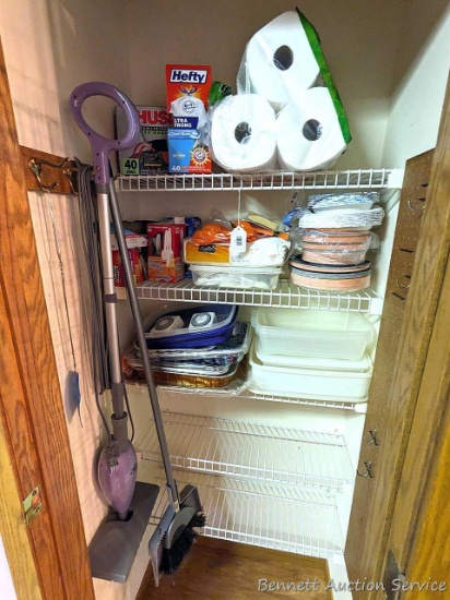 Shark steam mop, broom with dust pan; new foil pans, some plastic storage containers; full and
