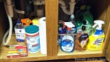 Full and partial containers of cleaning & household supplies including Lysol cleaner, wipes, window