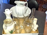 Classic white pitcher and bowl; assorted vases up to 9-1/2