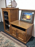 Nice wooden cabinet in good condition has a leaded glass door. Measures about 52