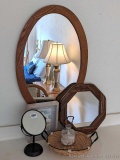 Vintage side chair; framed wall mirror is approx. 2-1/2' tall; other mirror, dressing table supplies