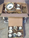 Stoneware dishes have a moose theme and spongeware pattern. A quick glance shows mugs, salt &