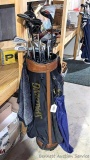 Golf clubs incl Golden Bear, Davell Acker, Orlimar, more in a Spaulding bag. Spaulding and Tru-Flite