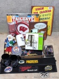 Libbey Glass shaker set, Wisconsin Badgers tailgate set, signs, more.