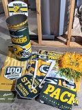 Green Bay Packers flags, signs, buckets. Banner about 3'.