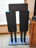 Three piece Magnavox speaker set with two stands. Each larger speaker measures 20