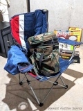 Insulated hunting bucket made with a 3 gallon pail; folding yard chair, ice fishing rod.