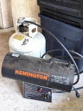 Remington propane heater with a 50,000 BTU max, comes with a 20 gallon propane tank.