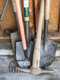 Green Thumb spade shovel, other spade shovels, rock rake, pick.