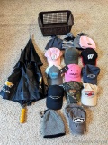 Chevrolet umbrella is nearly 5' across and in very good shape; also hats,