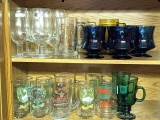 Assorted promotional and other glasses including Sinclair Gasoline, set of 6 hand blown mugs by