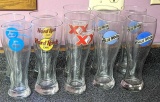 Four Blue Moon, two Cerveza, two Hard Rock Cafe, two other beer glasses. Tallest are nearly 9-1/2