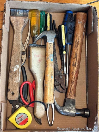 Screwdrivers, claw hammers, pruners, pliers, and more. Larger hammer measures 13" long.