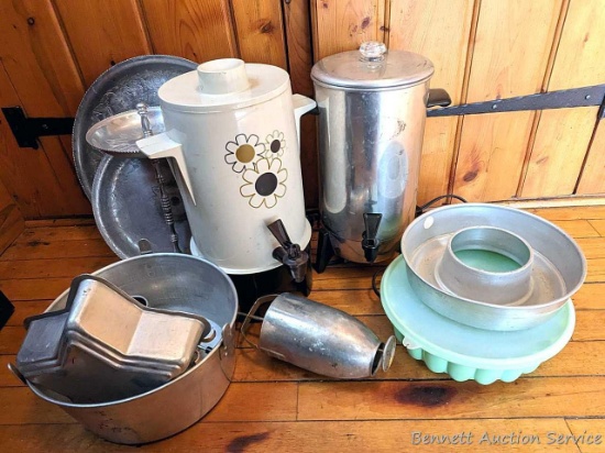 Entertainer's special! 2 small coffee pots, pancake cup, angel food cake pans, 3-tier Wilson