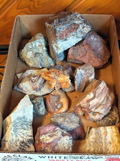 9-1/2" x 14" flat of rocks, stones. Seller notes crested barite, purpurite, dendrite (manganese)