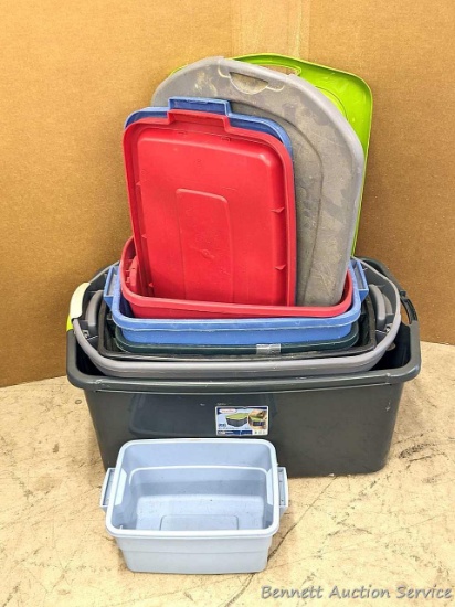 Six assorted totes, some with lids. Largest is 30 gallon.