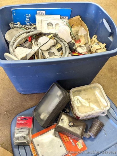 10 gallon tote with lightbulbs, sockets, wiring book, outlet plates, blank cover, more.
