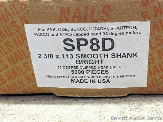 Unopened box SP8D collated gun nails, 2-3/8" x .113 smooth shank bright, 33 degree, 5000 pieces,