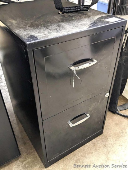 Two drawer file cabinet is 14" x 18" x 25" high.