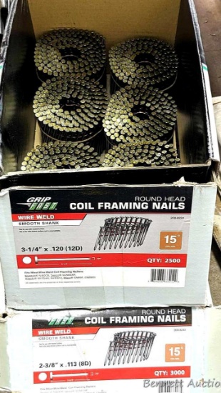 1250 pieces 3-1/4" x .120 coil framing nails, 15 degree round head and 1500 pieces 2-3/8" x .113