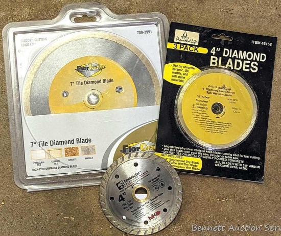 Four 4" and one 7" diamond blades for tile, granite, marble, concrete, more.