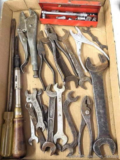 Assorted pliers and wrenches including Wakefield No. 45, Indestro 1/4" sockets, Yankee No. 30 push