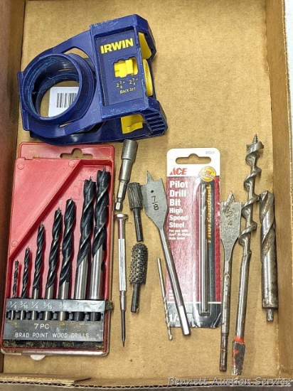 Brad point twist drill set, 1/8" to 1/2"; other bits and drivers. Irwin door set drill jig.