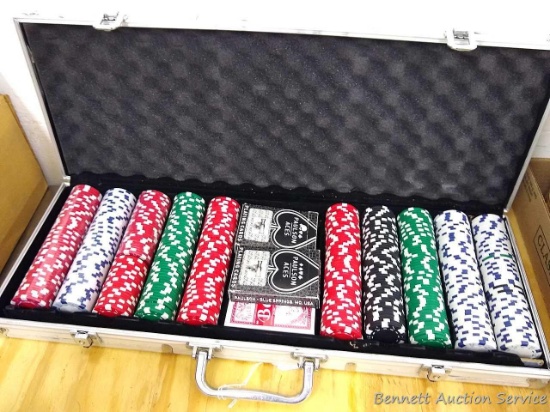22" long poker chip box with contents. Some chips NIP. Nice set.