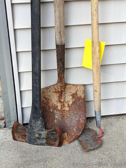 Tools for the garden shed or garage incl spade shovel, garden hoe, double bit ax with nylon handle.