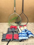 Fish landing nets up to 4'; Stearns XXL life vest and similar XL life vest.