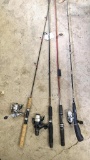 Four fishing rods with three reels. Shimano Syncopate reel on a Peregrine Mr. Micro rod; Shimano