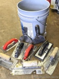 Drywall trowels, putty knives and grout float, mixer.