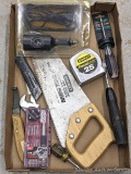 Stanley crosscut saw, Stanley 25' tape measure, engraver, screwdrivers, more.