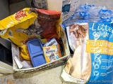 Pet supplies incl. Litter delight, Pig pads, and Meow mix.