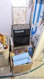 Attendant paper towel dispenser, box of rags, a roll of the good blue shop rags, more.