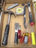 Stanley hammer, utility knife, tape measure; other tools including cat's claw, scraper,