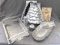 Metal trays and a Wilton Candlelit Cake pan (Christmas tree shape) with instructions; tree pan