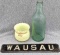 Uranium or Vaseline glass votive holder, glass bottle from Wausau Bottling Works and small Wausau