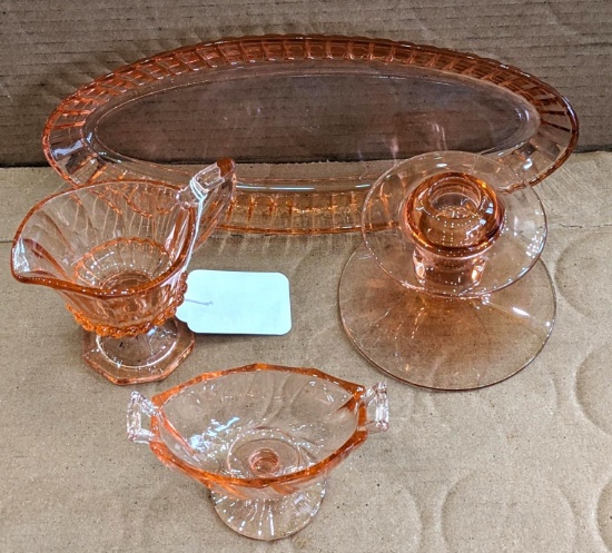 Pickup in Rib Lake. Pink depression glass pieces incl relish dish, sugar and creamer, and pedestal