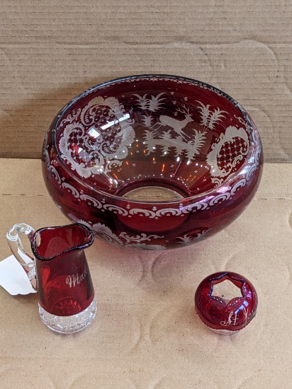Pickup in Rib Lake. Ruby Red glass pieces incl large dish, tiny pitcher with "Madison" inscription
