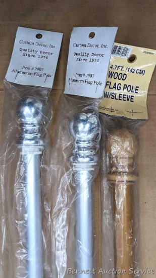 Trio of flag poles, 2 aluminum, 1 wooden, measuring approx 48"