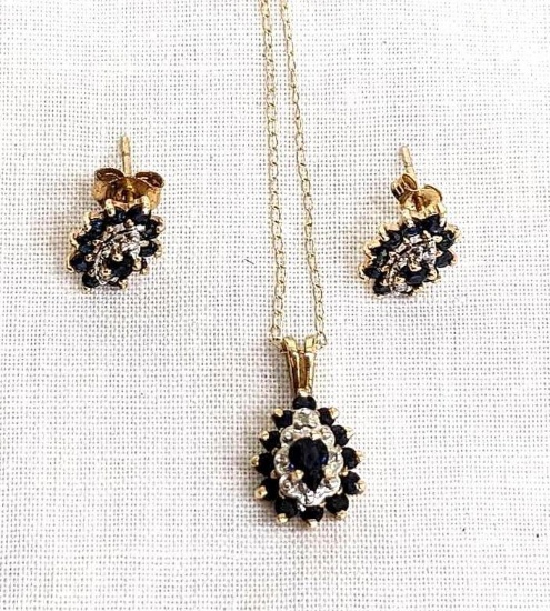 Pickup in Rib Lake. Beautiful blue and white necklace and earring set. Necklace clasp is marked 14K,